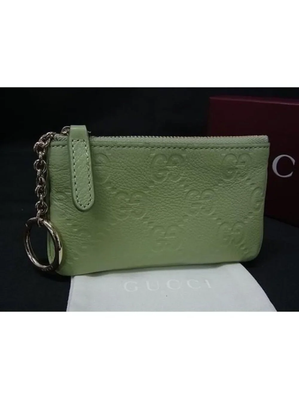 Gucci GG Emblem Leather With Key Ring Coin Purse Light Green